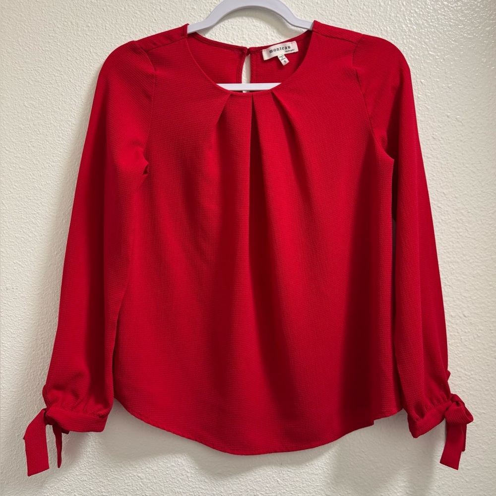 Monteau Blouse Tie Sleeves Gathered Neck Keyhole Back Stretch Red Women's Small